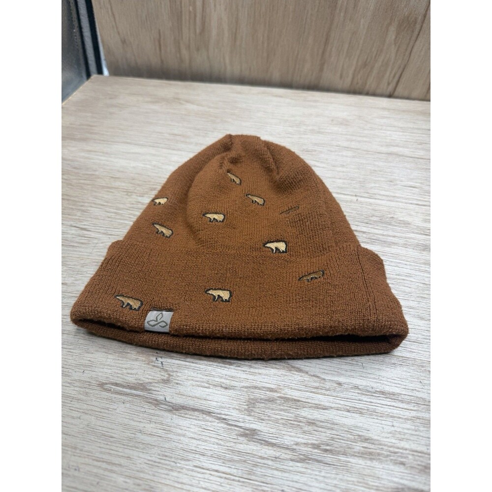 Prana Polar Bear Wild Now Beanie Brown Knit Embroidered Cuffed Winter Hat